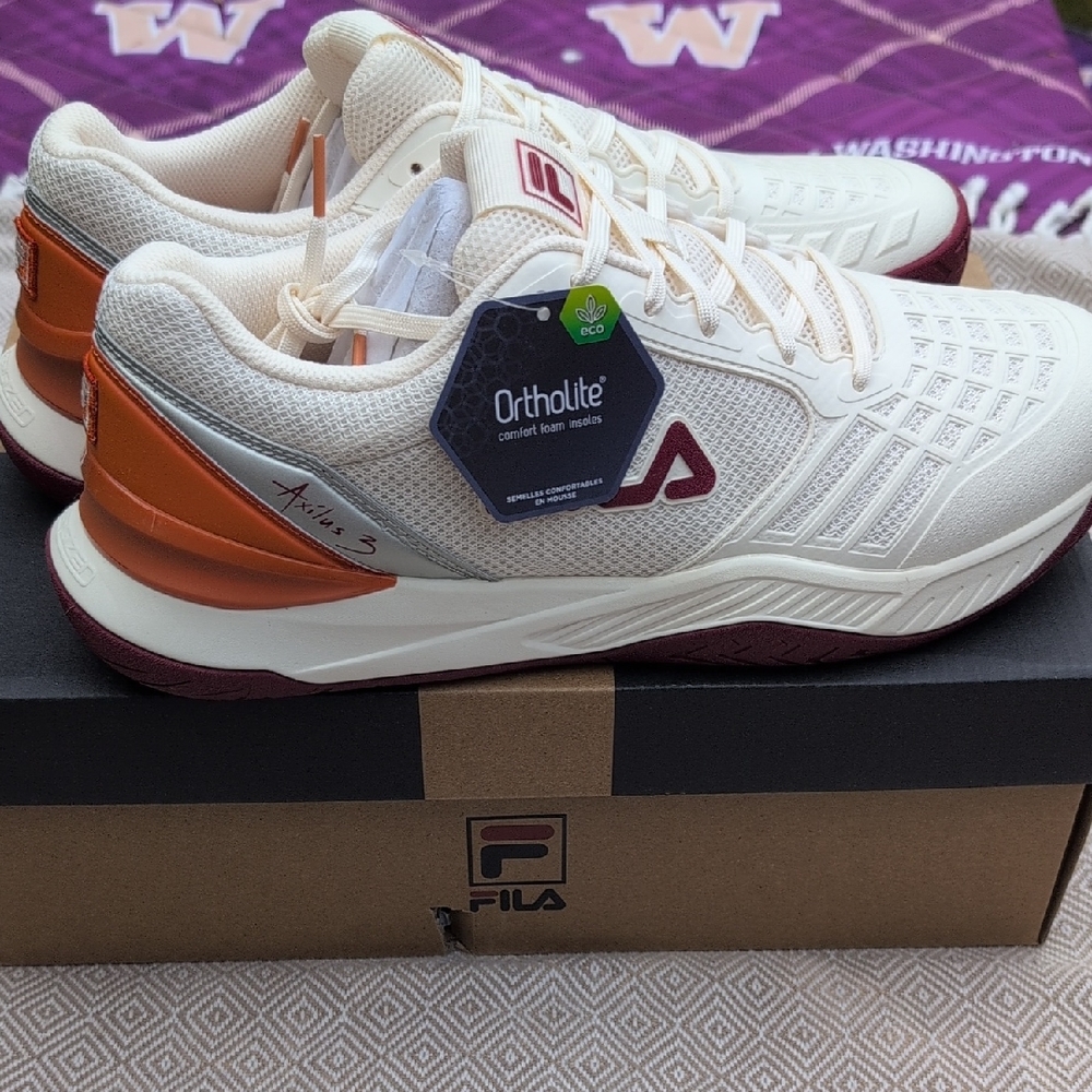 Fila White and Orange Athletic Shoes with Breathable Design